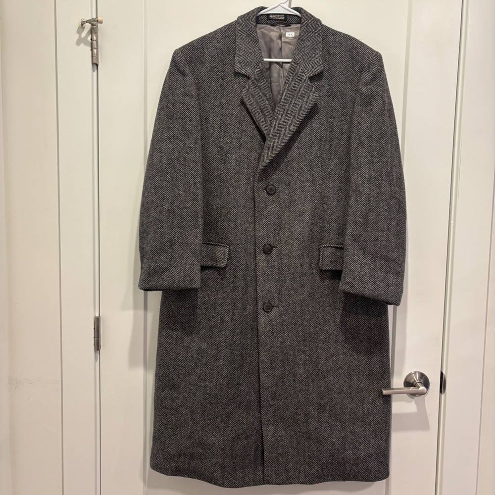 Vintage Stratojac Mens 42 Grey Herringbone Pure Wool Long Overcoat Trench Jacket